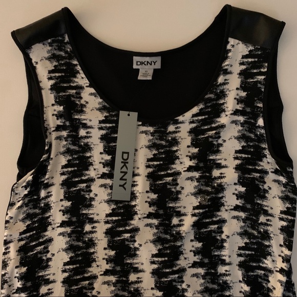 DKNY Sleeveless Top Faux Leather Back Black Ivory XS NWT - Picture 2 of 6